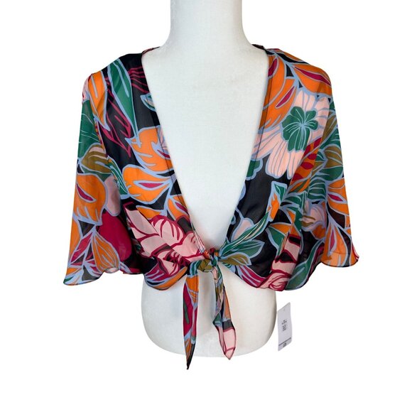 Floral Pink Orange Tie-Front Sheer Cropped Top Size 8 By Donna Ricco New York - Picture 3 of 5